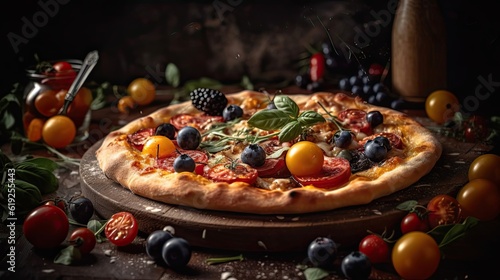 Pizza full of sliced greens on a wooden plate on a blurred background