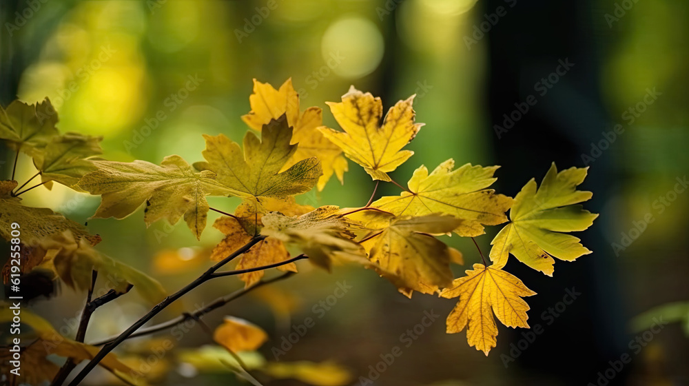 Obraz premium close up of yellow maple leaves in autumn. the cozy season. Generative AI