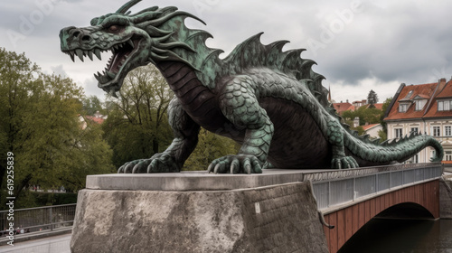 a stone dragon on a bridge. Generative AI