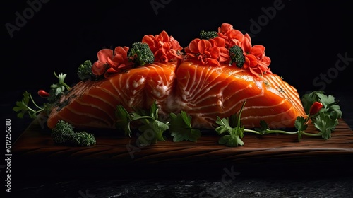 Closeup Salmon on a wooden table with a blurred background