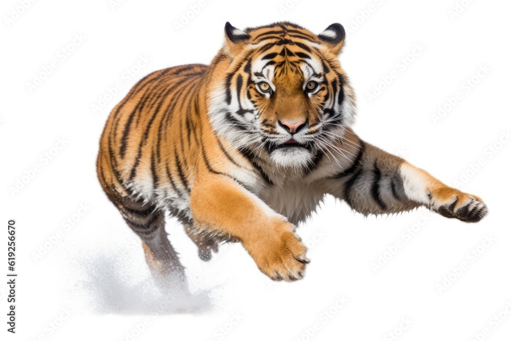 Fototapeta premium majestic tiger running through a snowy landscape