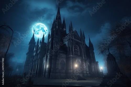 gothic church under the light of a full moon