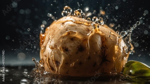 Fresh Potato hit by splashes of water with black blur background
