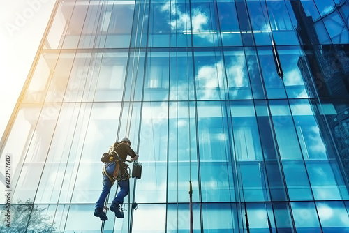 Professional worker repairing and cleaning building windows on the facade facility of residential skyscraper