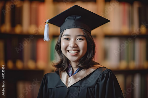 Happy beautiful graduate student wearing cap and gown