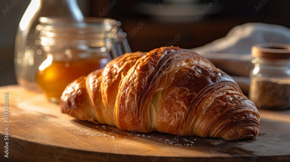 Good morning concept - Freshly baked croissants on a tray with a small jar of jam for breakfast Good morning concept - Freshly baked croissants on a tray with a small jar of jam for breakfast