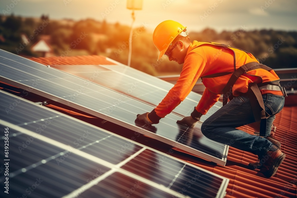 Professional operators place solar panels on an urban roof. Ai ...