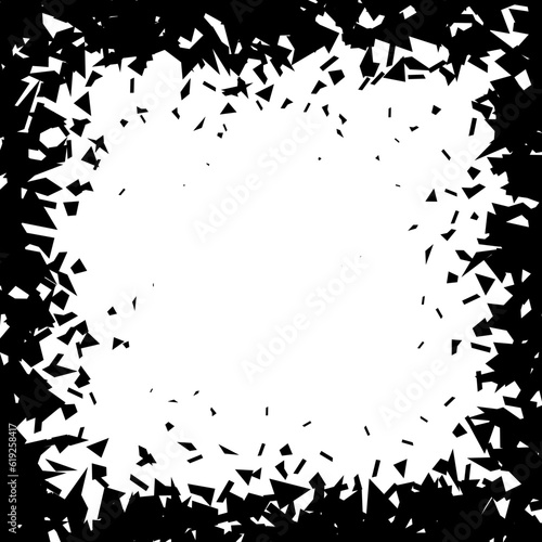 Debris and shatters in square shape frame. Black broken pieces, specks, speckles, particles, shivers. Abstract explosion and burst textured rectangular element. Vector illustration 