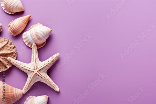 Shells and starfish on a little pile of sand, on a summery background with copy space. Ai generated.