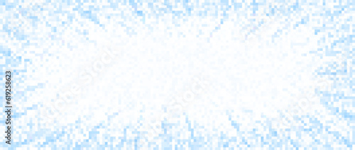 Fading pixelated blue frame. Radial navy noise grain texture. Sapphirine and airy vanishing mosaic background. Light blue shades vector background