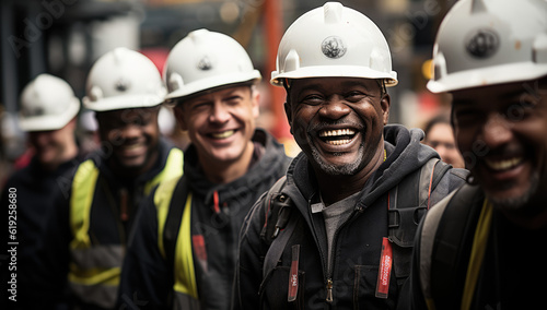 Building with a Smile: Construction Crew in Suits Grinning as They Contribute to Progress. Pride in Progress: Construction Workers Smiling Confidently in Their Suits on the Job Site.    © Mr. Bolota