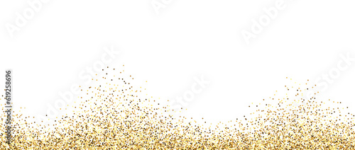 Golden glitter background. Sparkling small confetti wallpaper. Splashed gold dots texture. Wavy design element for posters, flyer, invitation, Christmas birthday decoration. Vector border