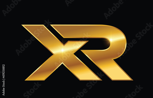 A vector illustration of golden xr monogram logo initial letters in black background with gold shine effect