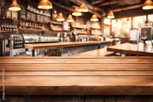 Top wooden table with blurred coffee shop background. Generative AI