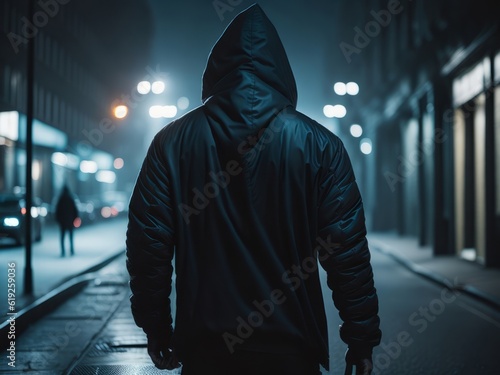 Back view man with a black hoodie walking in the city at night, bright city light. Generative AI 