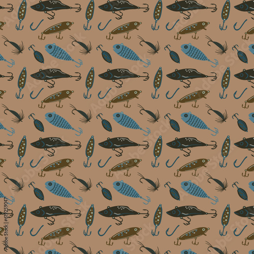 Vintage fishing lures seamless pattern
