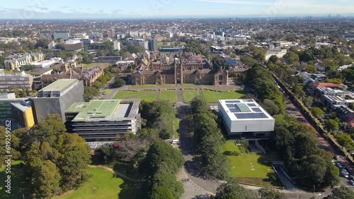 Aerial drone view of the University of Sydney at the Sydney CBD campus, NSW Australia showing the Great Hall on a sunny day    photo