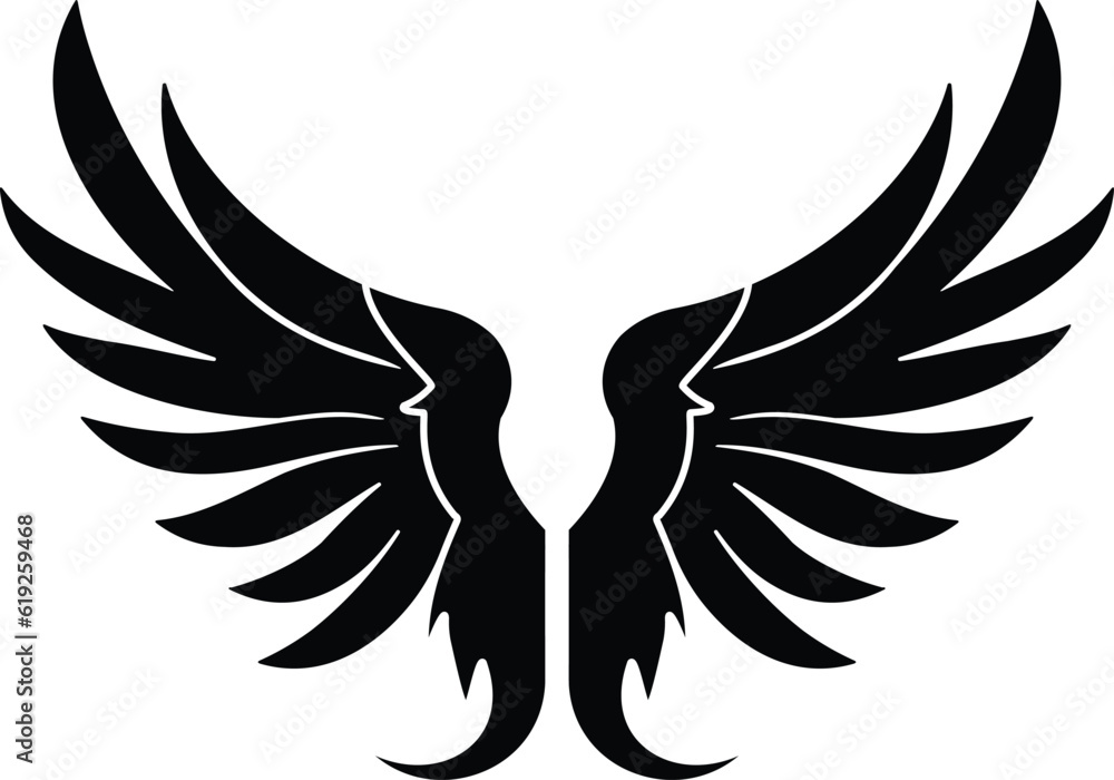 Obraz premium Silhouette of pair wings, angle wings black design elements Vector illustration, t-shirt and sticker tattoo