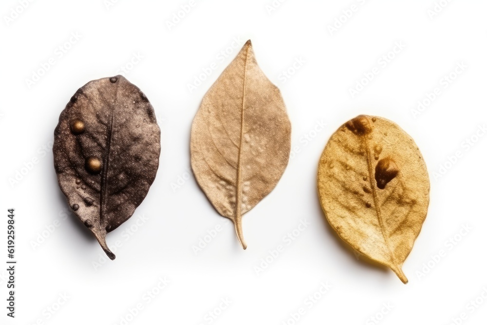 three distinct leaf shapes and textures isolated on a white background. Generative AI three distinct leaf shapes and textures isolated on a white background. Generative AI