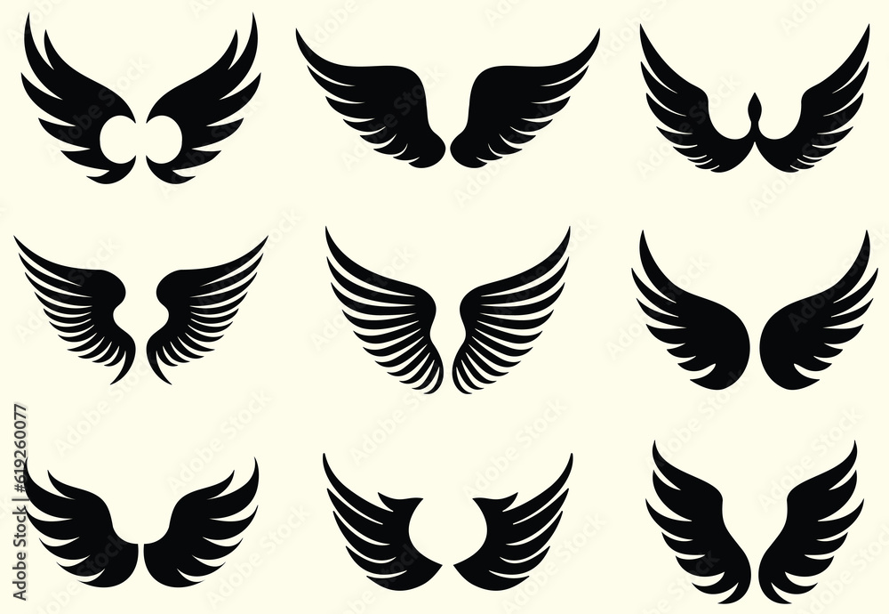 Naklejka premium Set of Wings silhouette collection, Angel wings icon vector set