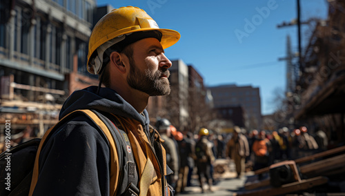 Urban Builders. A worker in a helmet standing in front of construction cranes, in the style of urban cityscapes. Progress and urban development concept. AI Generative © Mr. Bolota