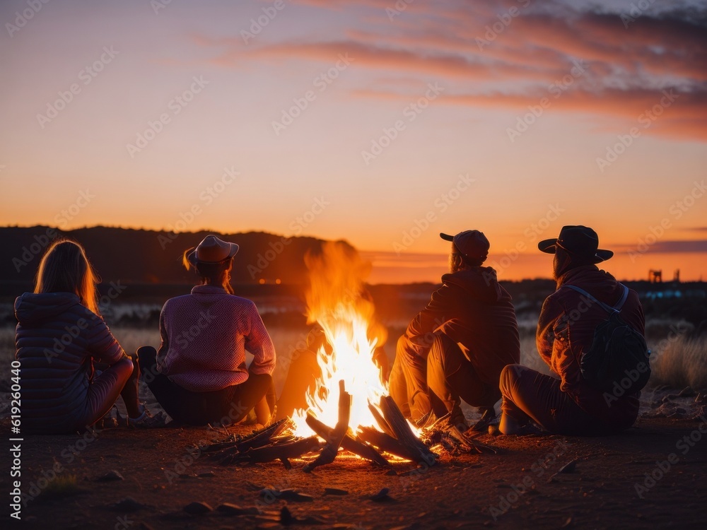 Back view Group of people sitting around campfire at sunset. Generative AI
Back view Group of people sitting around campfire at sunset. Generative AI
