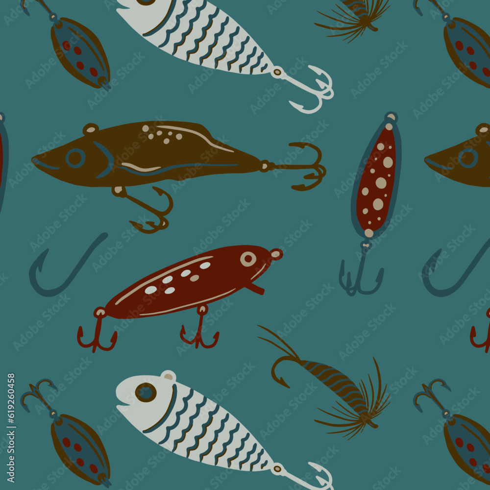 Naklejka premium Fishing lures vintage seamless pattern in vector