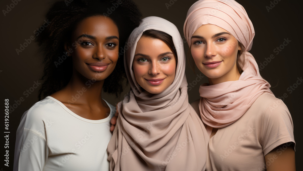 Smiles Across Borders. Multiracial young women smiling for a photo, showcasing friendship beyond borders. Diversity and camaraderie concept. AI Generative Smiles Across Borders. Multiracial young women smiling for a photo, showcasing friendship beyond borders. Diversity and camaraderie concept. AI Generative