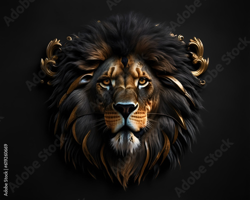 Lion head with golden and black hair on black background