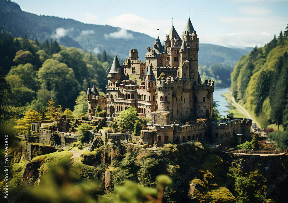 Miniature Landscape, Fantasy cartoon castle in the forest for children. A castle in a fairy tale creative with generative AI technology.