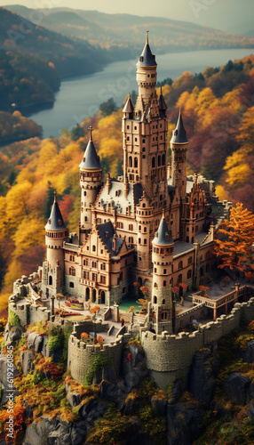 Miniature Landscape, Fantasy cartoon castle in the forest for children. A castle in a fairy tale creative with generative AI technology.
