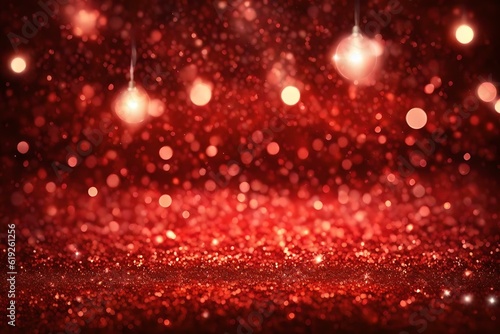 Red glitter lights defocused background. Generative AI