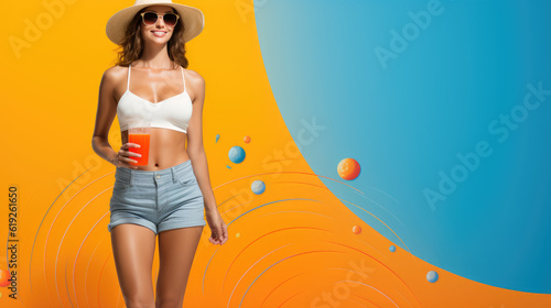 Summer Vibes. Woman in vibrant summer clouthes and colors. Enjoying the sunny season concept Background. Space to text. Copy Space. AI Generative photo