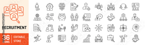 Recruitment editable stroke outline icons set. Headhunting, candidate, employee career, resume, job hiring and human resource. Vector illustration