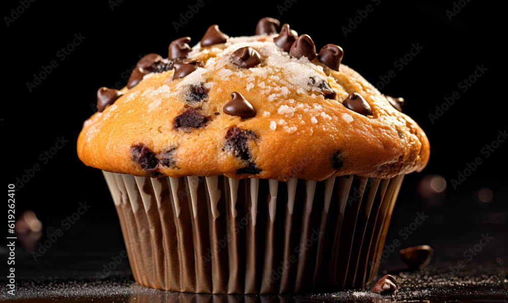 Rich Chocolate Chip Muffin on a Captivating Dark Background. Rich Chocolate Chip Muffin on a Captivating Dark Background.