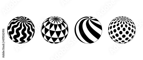 Collection of spheres with different patterns. Striped, dotted and waved 3d balls set. Black and white geometric elements for design templates, icons, logo. Abstract vector globes pack