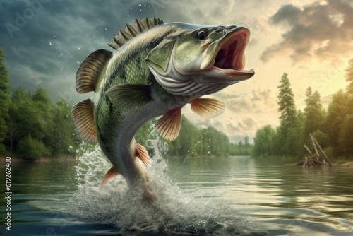 A fish jumps and splashes in a lake or pond. Fishing concept. Background with selective focus. AI generated photo