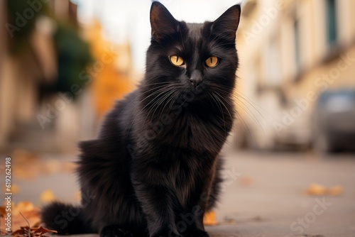 Black cat on the city street during the day. The concept of superstition. AI generated, human enhanced