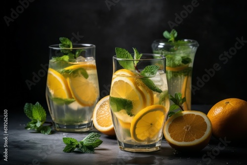 Summer healthy lemonade, cocktails of citrus infused water or mojitos. AI generated, human enhanced