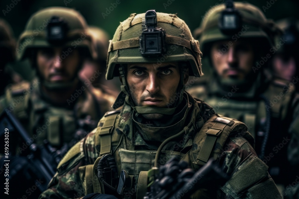 Portrait of a European army soldier in the ranks with selective focus. AI generated, human enhanced Portrait of a European army soldier in the ranks with selective focus. AI generated, human enhanced