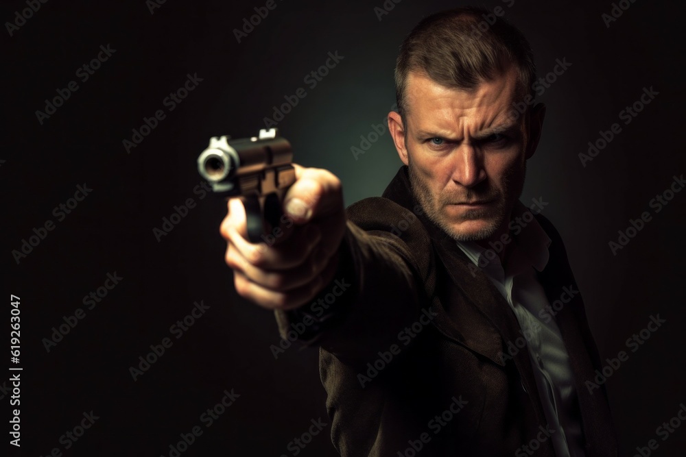 A man with a gun. Background with selective focus. AI generated, human enhanced A man with a gun. Background with selective focus. AI generated, human enhanced