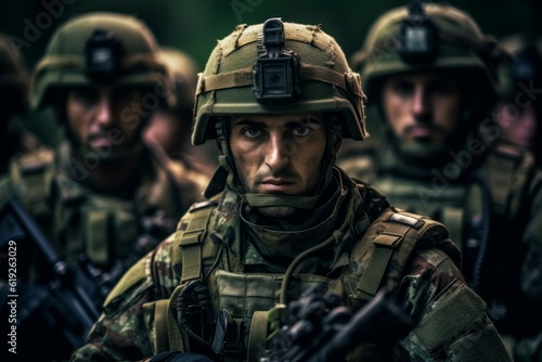 Portrait of a European army soldier in the ranks with selective focus. AI generated, human enhanced photo