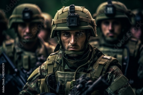 Portrait of a European army soldier in the ranks with selective focus. AI generated, human enhanced © top images