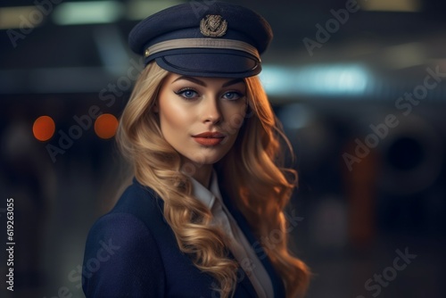 Stewardess. Background with selective focus. AI generated, human enhanced