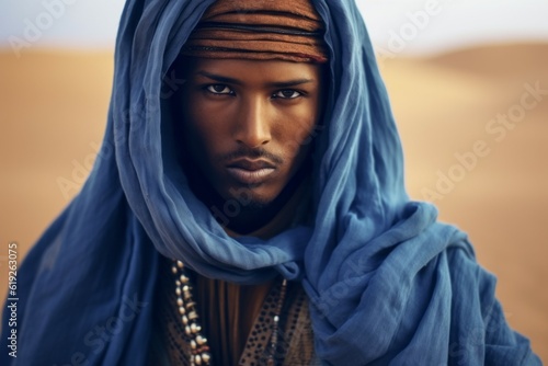 Young Tuareg man in authentic national blue clothes. Background with selective focus. AI generated, human enhanced