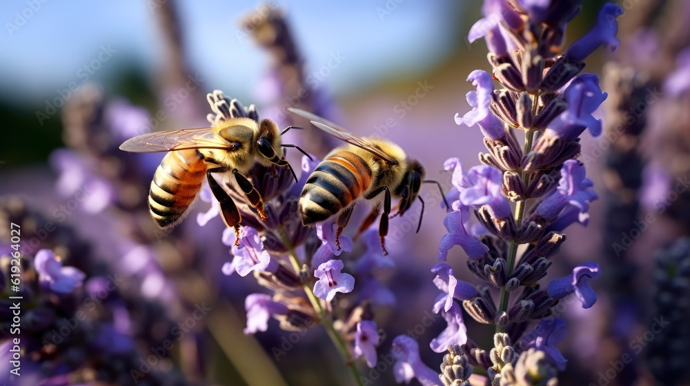 Honey bee pollinating lavender flowers. Plant decay with insects. Honey bee pollinating lavender flowers. Plant decay with insects.