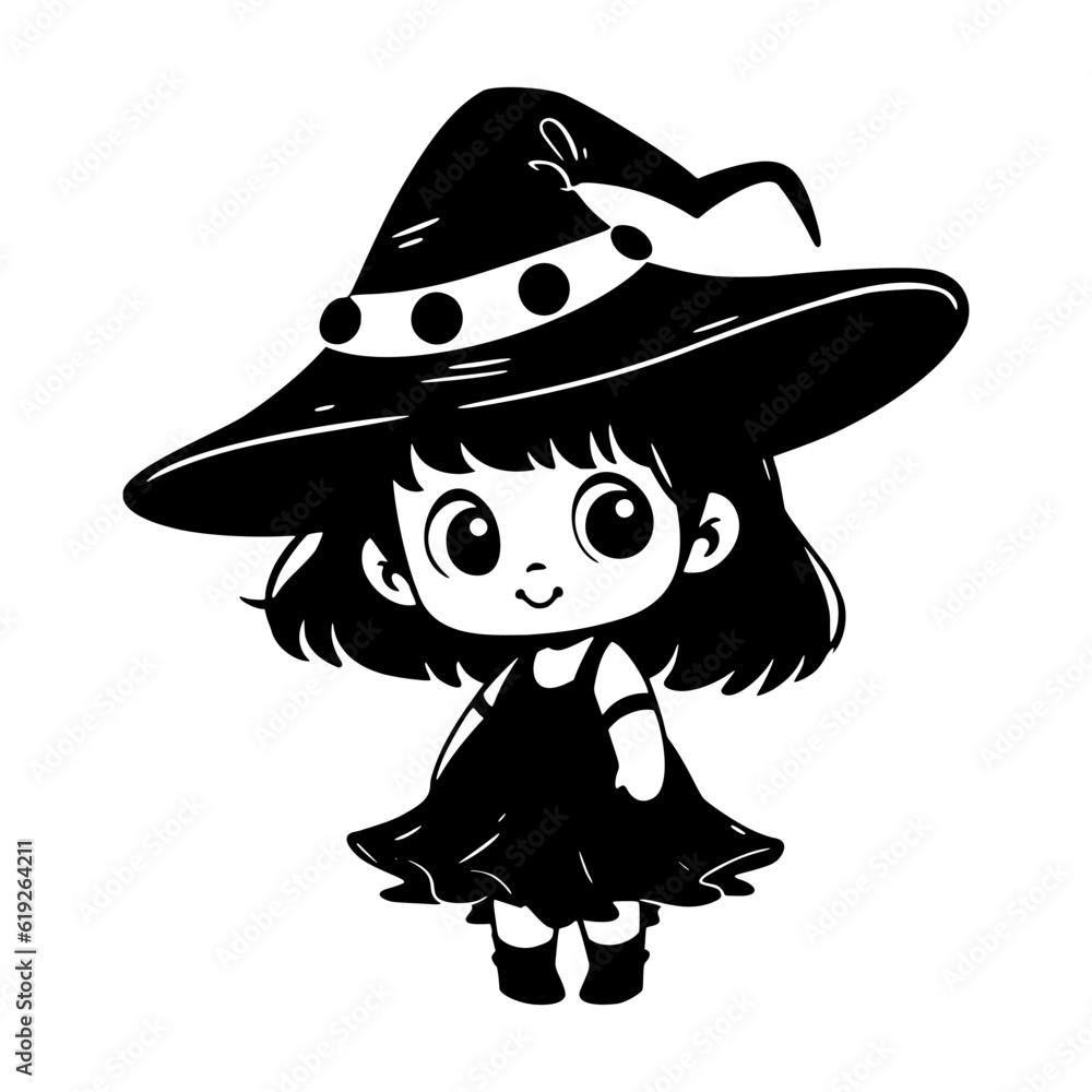 Cute kawaii girl in witch costume. Black little witch silhouette. Anime cartoon style. Halloween trick or treat funny character. Vector flat illustration isolated on white background. Cute kawaii girl in witch costume. Black little witch silhouette. Anime cartoon style. Halloween trick or treat funny character. Vector flat illustration isolated on white background.