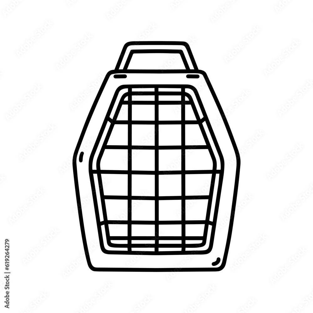 Pet carrier vector icon. Container for carrying animals cat, dog. Box for travel, going to the vet, transportation. Simple isolated illustration. Sketch, doodle. Black and white clipart for print, web Pet carrier vector icon. Container for carrying animals cat, dog. Box for travel, going to the vet, transportation. Simple isolated illustration. Sketch, doodle. Black and white clipart for print, web