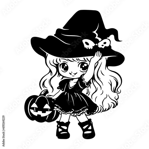 Cute kawaii witch in hat with pumpkin. Black little witch silhouette. Anime cartoon style. Halloween trick or treat funny character. Vector flat illustration isolated on white background.