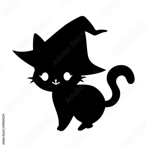 Cute kawaii black cat in witch hat. Black magic kitty silhouette. Anime cartoon style. Halloween trick or treat funny character. Vector flat illustration isolated on white background.